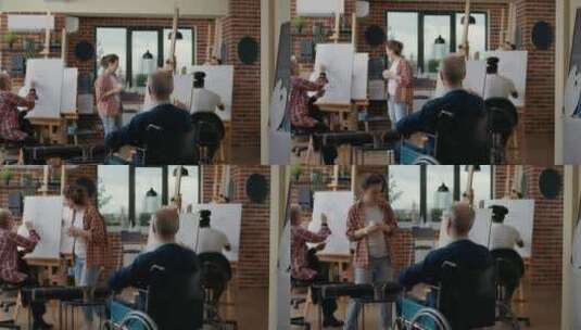 坐轮椅的老人参加艺术课高清在线视频素材下载