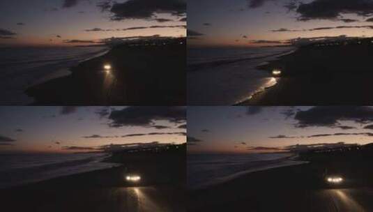 日落时分沙滩上的吉普车越野高清在线视频素材下载