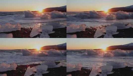 海浪冲击着沙滩上的冰块高清在线视频素材下载