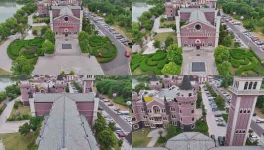 航拍徐州市金龙湖小镇欧式建筑礼堂高清在线视频素材下载