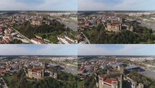 葡萄牙，莱里亚城堡坐落在山上，背景是市政体育场高清在线视频素材下载