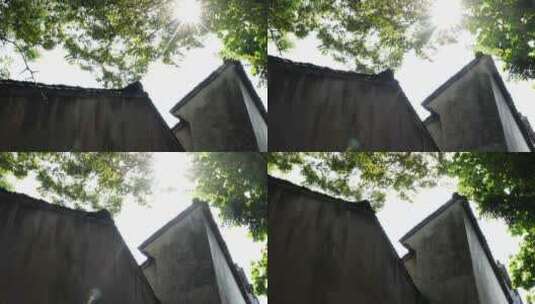 传统徽派建筑白墙黑瓦和阳光透过的树荫高清在线视频素材下载