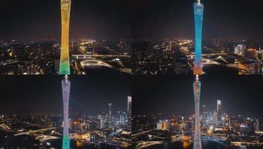 广州珠江新城CBD灯光秀夜景航拍高清在线视频素材下载