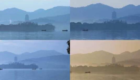 杭州西湖清晨雷峰塔山色空蒙唯美空镜合集高清在线视频素材下载