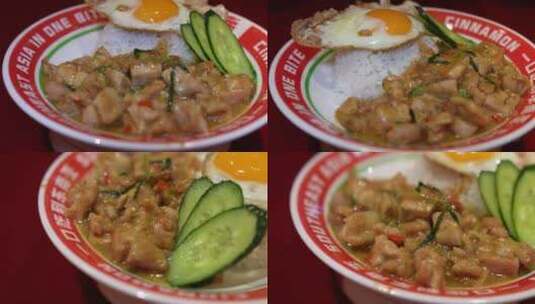 东南亚 泰国 泰餐 香辣罗勒鸡肉饭 米饭高清在线视频素材下载