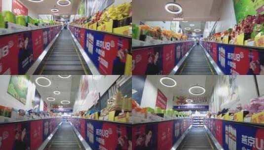 物美超市自动扶梯摆满了商品琳琅满目高清在线视频素材下载