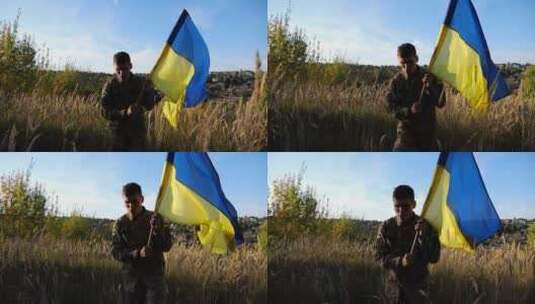 穿着制服的年轻男性军人挥舞着乌克兰国旗走高清在线视频素材下载
