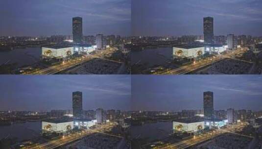 上海嘉定区嘉定新城建筑傍晚夜景高清在线视频素材下载