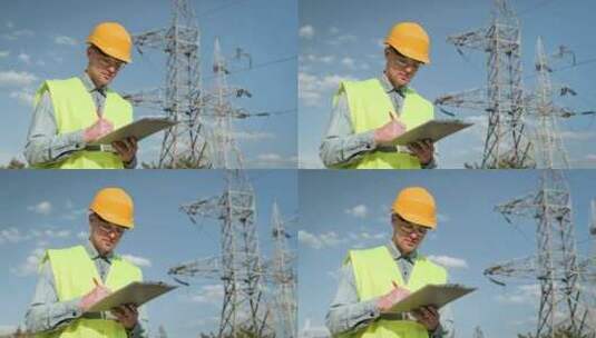 电力线督察在视察输电铁塔时作笔记高清在线视频素材下载
