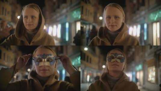 女人在街上戴上面具高清在线视频素材下载