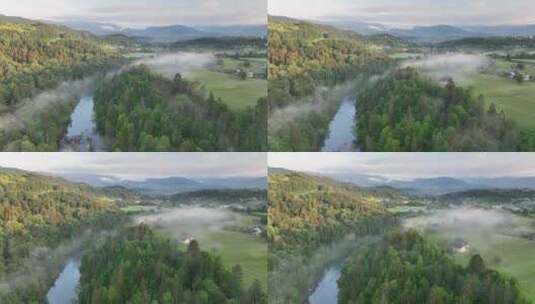 在美丽的日出中，在薄雾中飞越河流高清在线视频素材下载