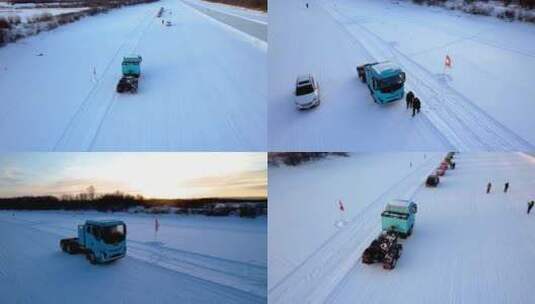 航拍汽车电车河面冰面大雪高清在线视频素材下载