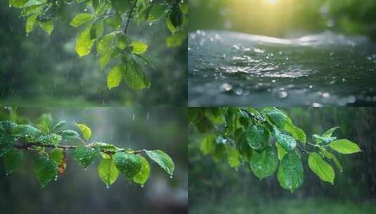 下雨天树叶子雨露露水雨滴唯美ai素材春天高清在线视频素材下载