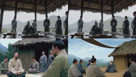 古代人们在茅屋草舍前论道座谈高清在线视频素材下载