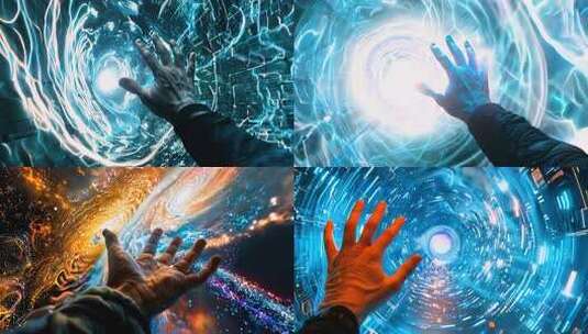 手掌触摸未来时空 数字科技魔法宇宙传送门高清在线视频素材下载