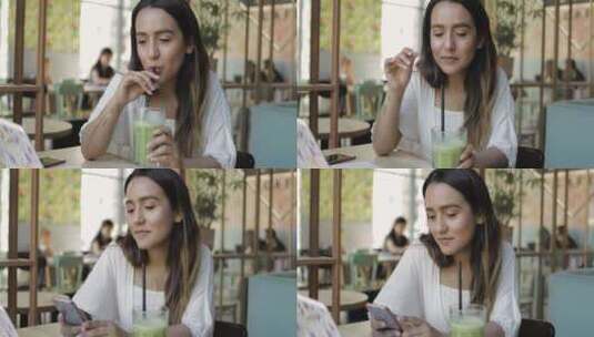 女人喝绿色奶昔高清在线视频素材下载