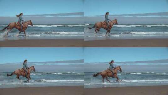 女士在海滩骑马高清在线视频素材下载