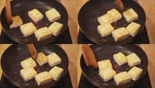 平底锅煎制酿豆腐豆腐盒子高清在线视频素材下载