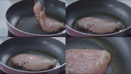腌制好的鸡排下锅油煎西餐镜头组高清在线视频素材下载