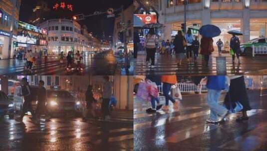 雨天路口斑马线行人过马路景观高清在线视频素材下载