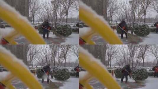 小区园区下大雪扫雪高清在线视频素材下载