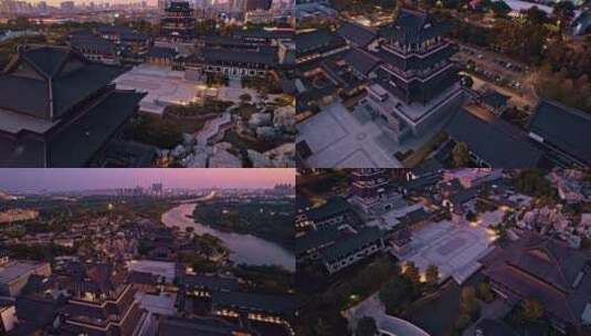 航拍夜幕降临的广州文化馆新馆（素灯夜景）高清在线视频素材下载