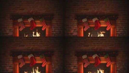 4K动画特写壁炉炉火和圣诞袜子节日意境高清在线视频素材下载