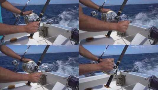 垂钓者钓鱼出海海钓在船上高清在线视频素材下载