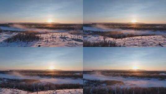 航拍冬季丛林河湾雪景朝阳高清在线视频素材下载