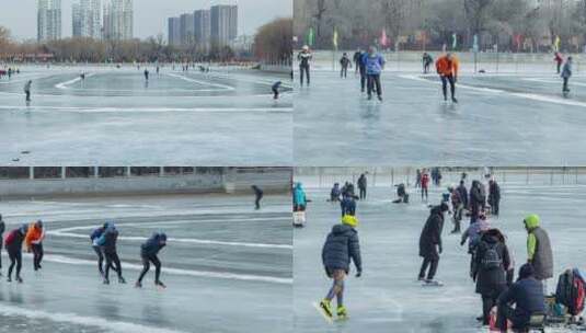 北方东北沈阳冬季劳动公园冰河冰场滑冰高清在线视频素材下载