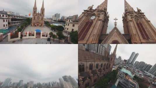 广州石室圣心大教堂FPV航拍高清在线视频素材下载