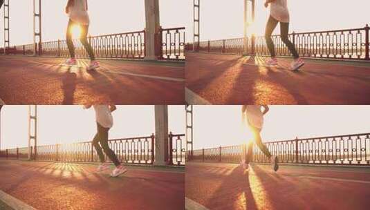 日出时在桥上奔跑的女人高清在线视频素材下载
