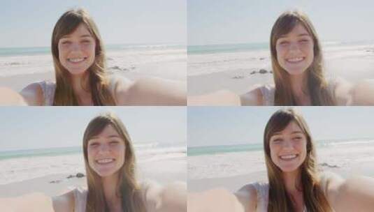 海边的自拍年轻女子高清在线视频素材下载