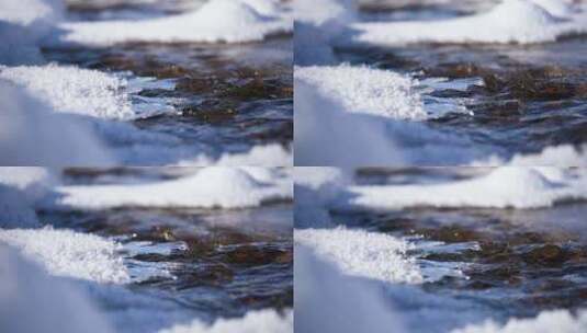 高清50帧冬天雪地里的河流特写高清在线视频素材下载