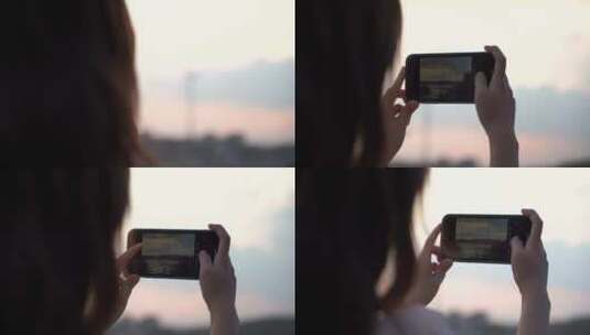 女性青年山顶用手机拍照拍风景拍摄摄影照相高清在线视频素材下载