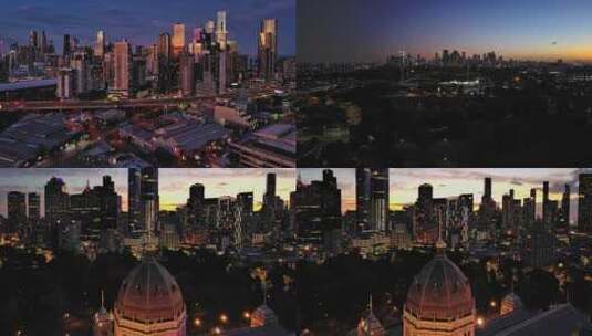 航拍澳大利亚墨尔本摩天大楼汽车大桥日落高清在线视频素材下载