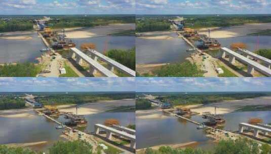航拍跨河大桥建设工地高清在线视频素材下载