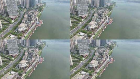长沙渔人码头航拍湘江潇湘北路岸边建筑风光高清在线视频素材下载