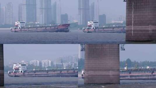 武汉长江大桥下过桥的货船 中景近景组镜高清在线视频素材下载