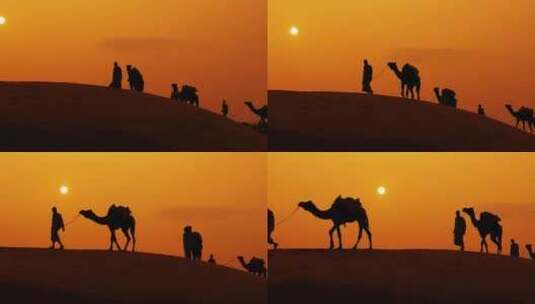 夕阳骆驼队伍在沙漠行走剪影-近景高清在线视频素材下载