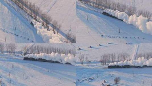 航拍中国东北冬季雪景中的蒸汽机车老火车高清在线视频素材下载