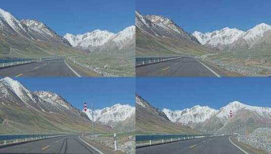 开车在新疆两边是雪山的公路上车窗外风景高清在线视频素材下载