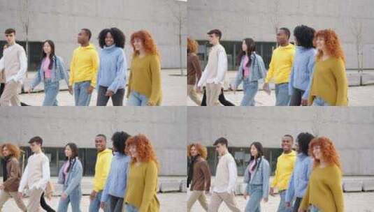 多种族朋友在街上漫步时微笑高清在线视频素材下载