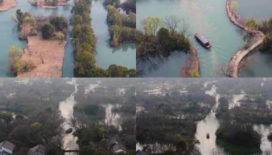 浙江杭州西溪湿地湖中游船航拍高清在线视频素材下载