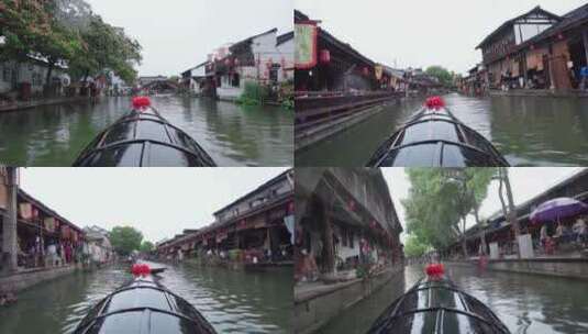 烟雨江南水乡古镇划船听雨高清在线视频素材下载