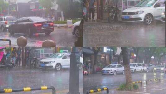 城市下暴雨下雨天雨季汽车人流街道街头街景高清在线视频素材下载
