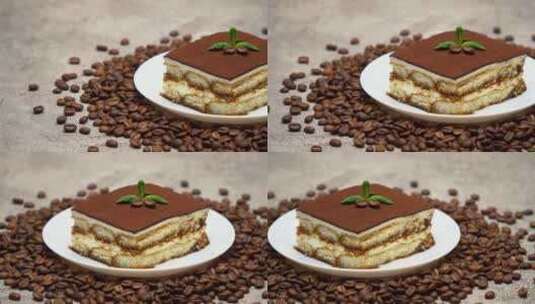 部分传统意大利提拉米苏甜点和咖啡豆高清在线视频素材下载