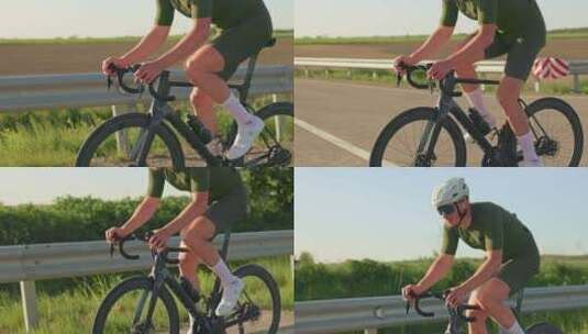长距离自行车手在高速公路上踩踏板高清在线视频素材下载