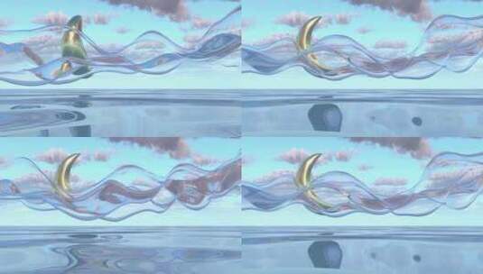金色月亮阿拉伯彩虹水上玻璃丝带海云可循环高清在线视频素材下载