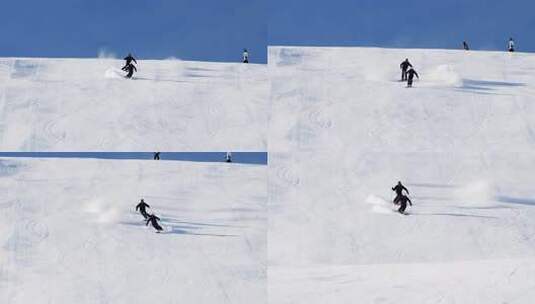 两个滑雪者正在陡峭的滑雪坡上表演漂亮的短高清在线视频素材下载